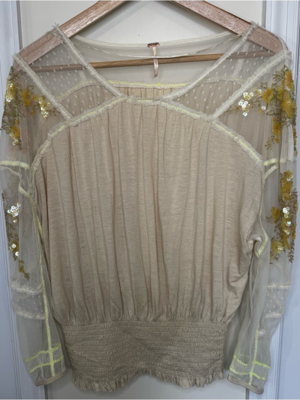 Free People Cream Sheer Embroidered Sleeve Blouse - Picture 3 of 7